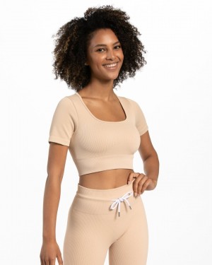 Women's Teveo Ribbed Crop Tops Beige | USA-9534XCLBF