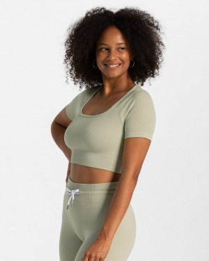 Women's Teveo Ribbed Crop Tops Dark Green | USA-2378HDKNY