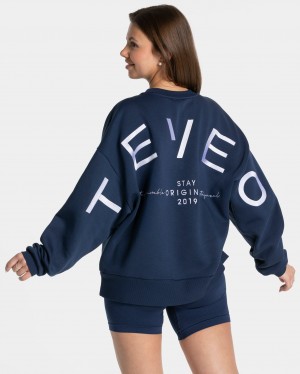 Women's Teveo Signature Oversized Sweaters Dark Blue | USA-9754IPBGJ