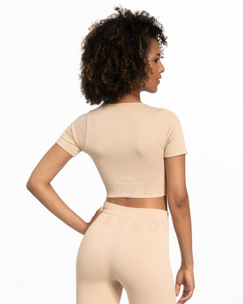 Women's Teveo Ribbed Crop Tops Beige | USA-9534XCLBF