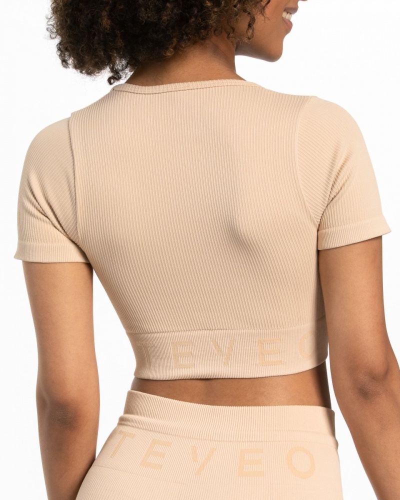 Women's Teveo Ribbed Crop Tops Beige | USA-9534XCLBF