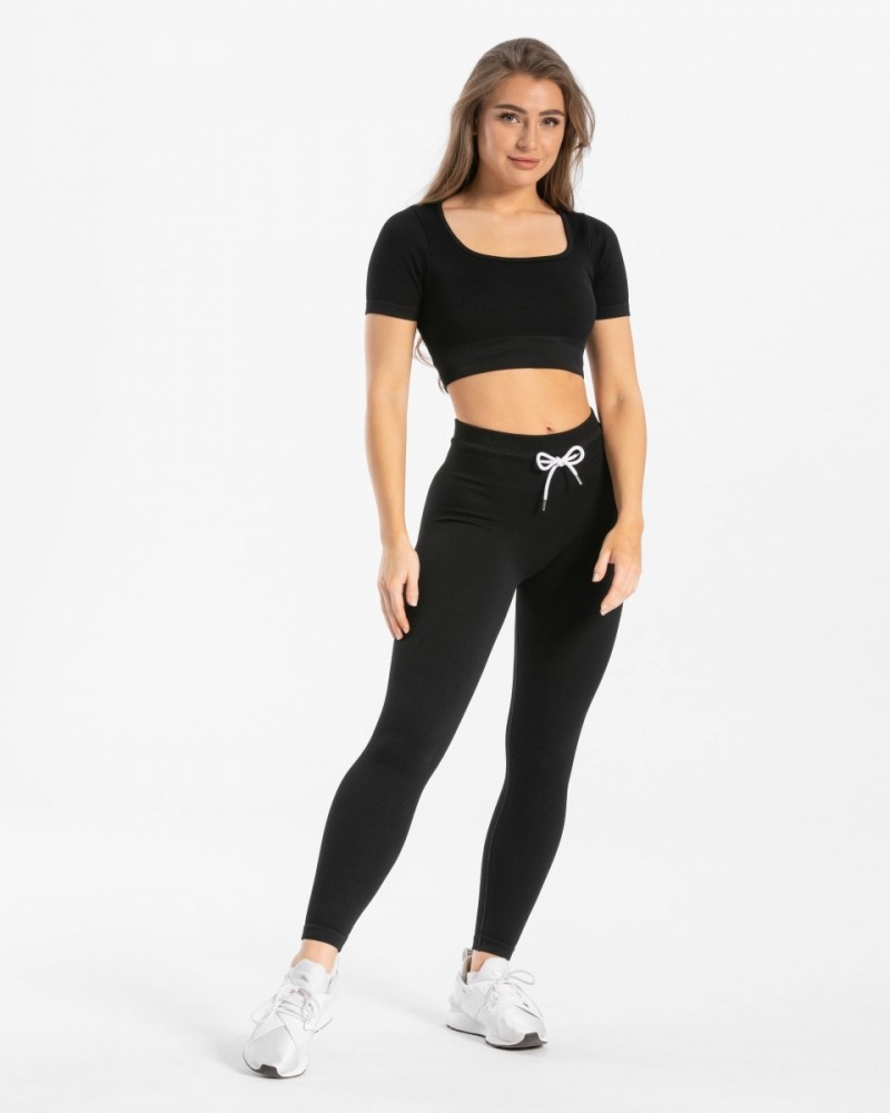 Women's Teveo Ribbed Crop Tops Black | USA-6087CZUND