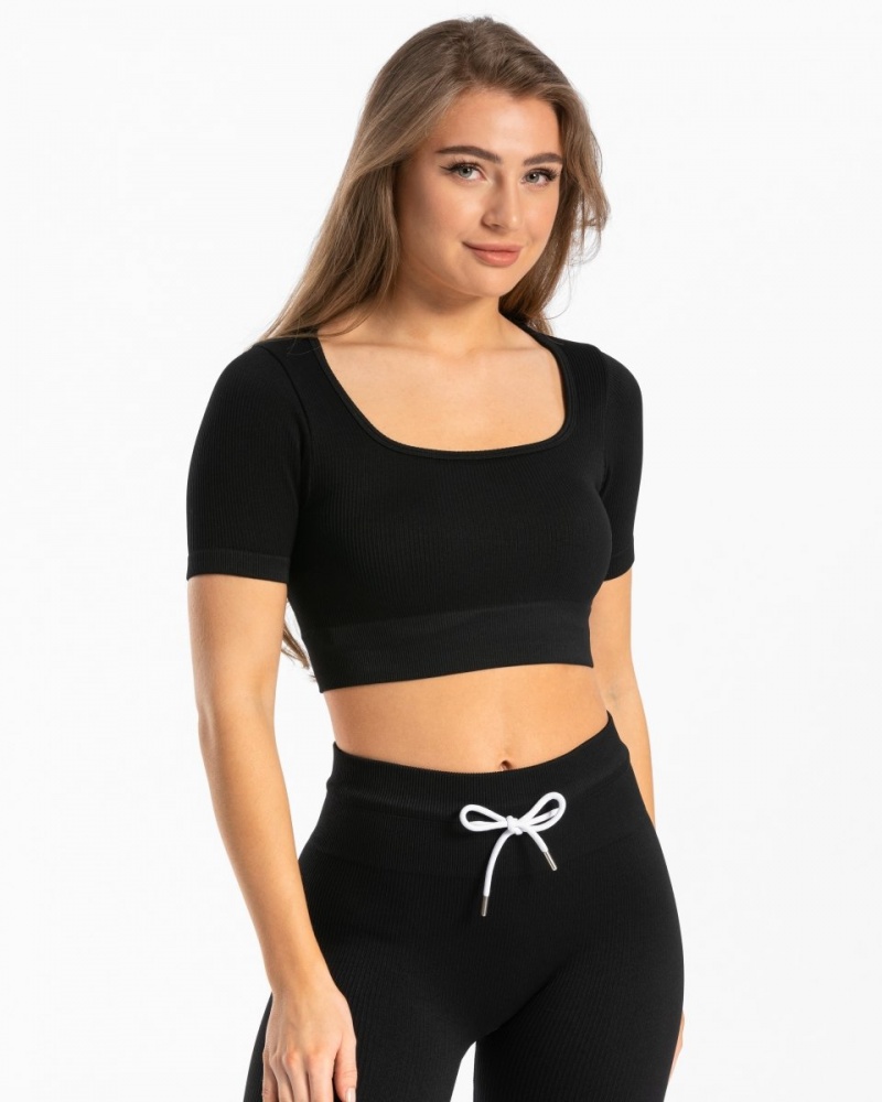 Women\'s Teveo Ribbed Crop Tops Black | USA-6087CZUND