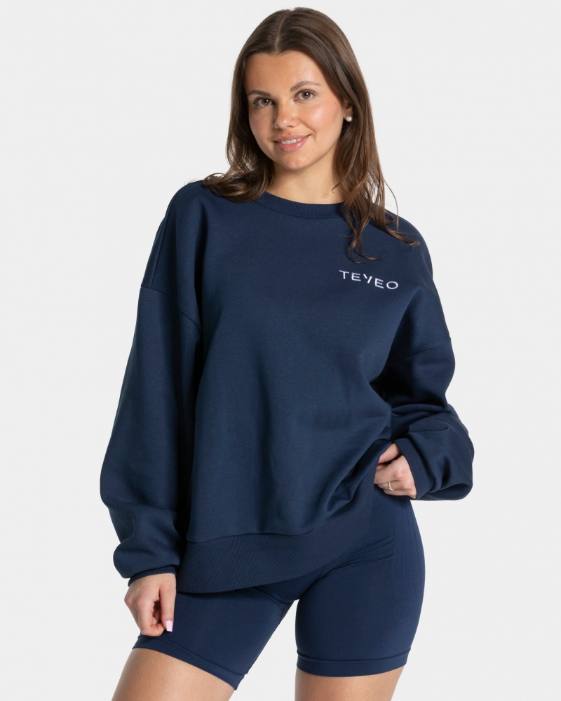 Women's Teveo Signature Oversized Sweaters Dark Blue | USA-9754IPBGJ