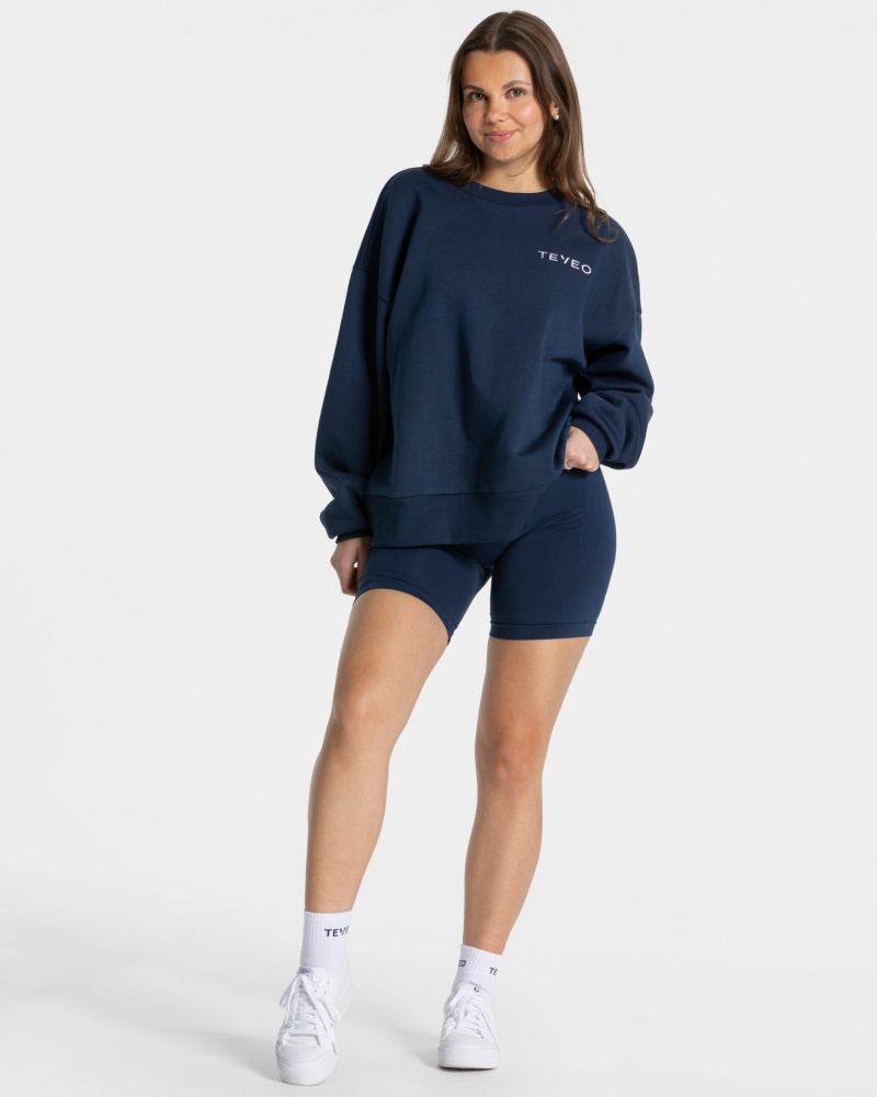 Women's Teveo Signature Oversized Sweaters Dark Blue | USA-9754IPBGJ