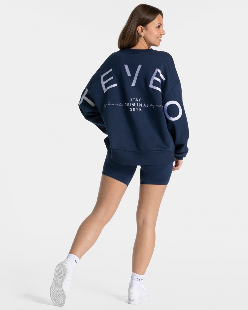 Women's Teveo Signature Oversized Sweaters Dark Blue | USA-9754IPBGJ