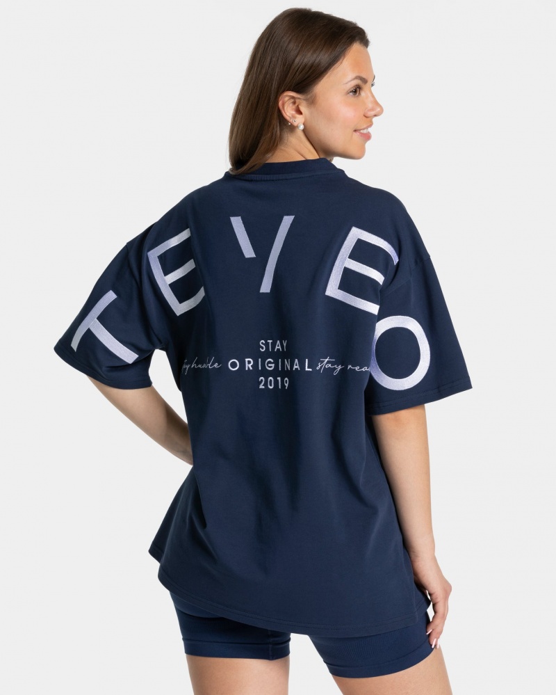 Women\'s Teveo Signature Oversized T-Shirt Dark Blue | USA-4032PSEUD