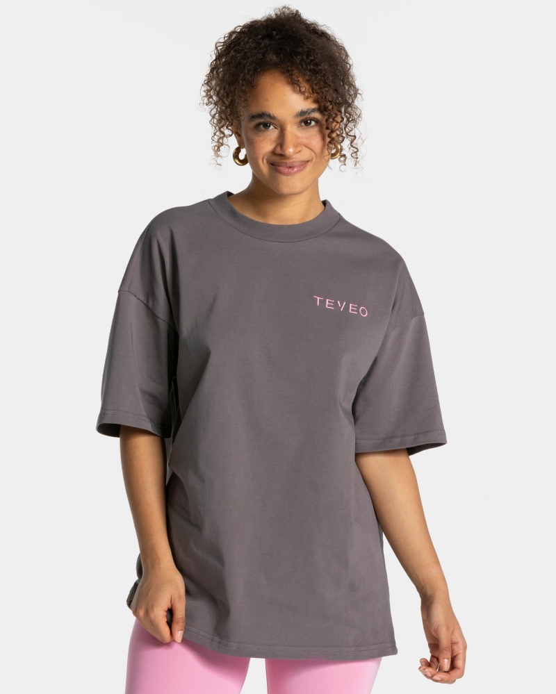 Women's Teveo Signature Oversized T-Shirt Black Grey | USA-6174VFKGZ